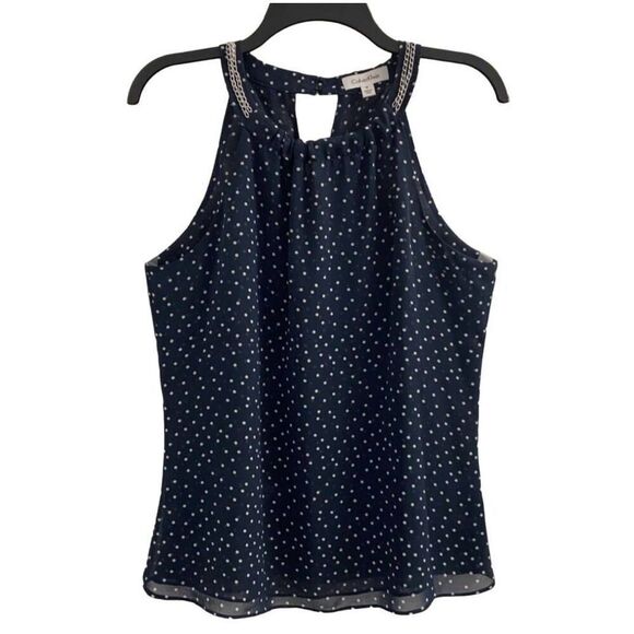 Calvin Klein Navy Blue Polkadot Chain Sleeveless Halter Blouse Top Medium EUC - Picture 1 of 7